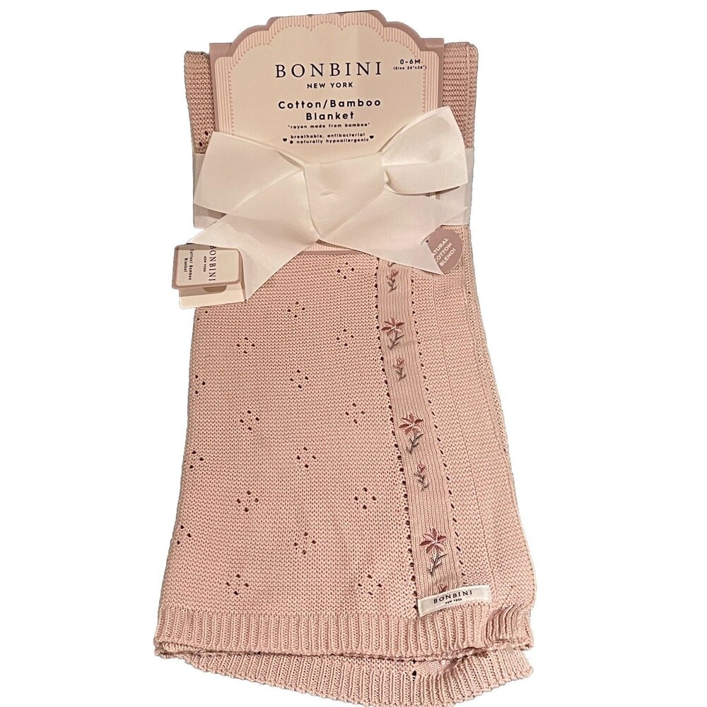 Bonbini NY Knit Pink Flower Embroidered Baby Blanket Infant Girls New